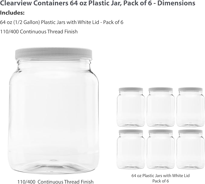 6 Pack of 64 Ounce Plastic Half Gallon Jars with 110/400 Leak Proof Seal Lid - Food Grade and BPA Free (64oz, 6pk)