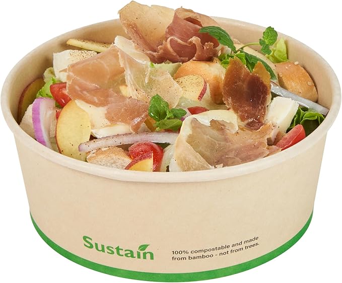 Restaurantware-Sustain 25 Ounce Sturdy Paper Take Out Boxes, 50 Round Take Out Food Containers - With PLA lining, Compostable, Bamboo Paper Containers, Disposable, Greaseproof