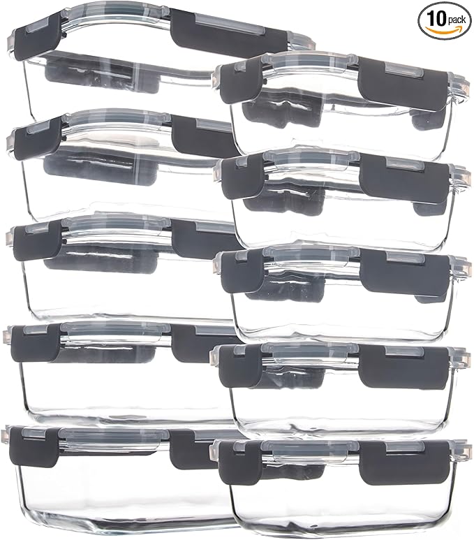 10 Pack Glass Food Storage Containers with Airtight Lids, Ideal for Meal Prep, Lunches - Microwave and Dishwasher Safe, Grey