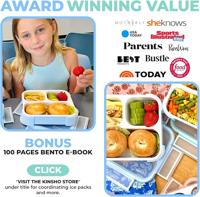 kinsho Medium Bento Box for Kids, Lunch-Box Snack Container for Boys Girls Daycare Pre-School, Leakproof 3 Divider Containers for Lunches Snacks (Pastel Blue +Teal)