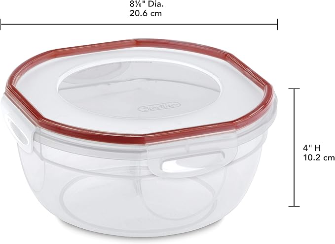 Sterilite Ultra-Seal 2.5 Qt Bowl, Airtight Food Storage Container, Plastic, Latching Lid, Microwave and Dishwasher Safe, Clear With Red Gasket, 4-Pack