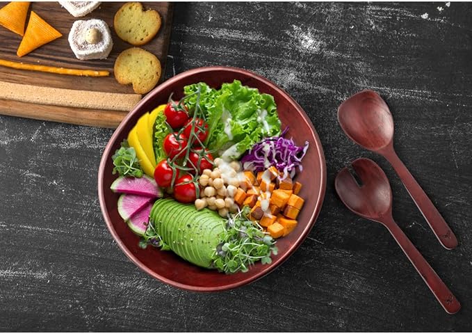 Melvvi Large Wooden Salad Bowl Set – 12" Acacia Wood Serving Bowl with 2 Utensils | Scratch-Resistant - For Salad, Pasta & Fruits | Great Gift for Fathers | Kitchen & Dining (Royal Brown)