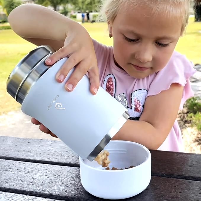 Ideus 20 oz Insulated Soup Thermo with Foldable Spolk and Bowl, All-in-one Stainless Steel Vacuum Thermal Food Jar for Lunch, Leakproof Bento Lunchbox Portable Soup Container (Light Blue)