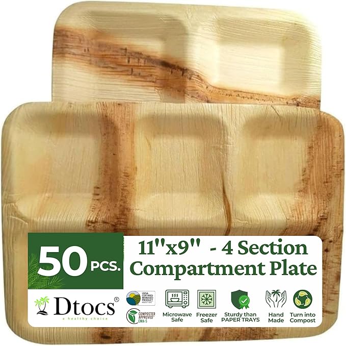 Palm Leaf Compartment Plate Disposable 11x9 Inch (50 Pc.) Bamboo Divided Plate look Compostable Portion Plates For Lunch Canteens, Picnic, Birthday | Sturdy Alternate to Paper Sectional Plates