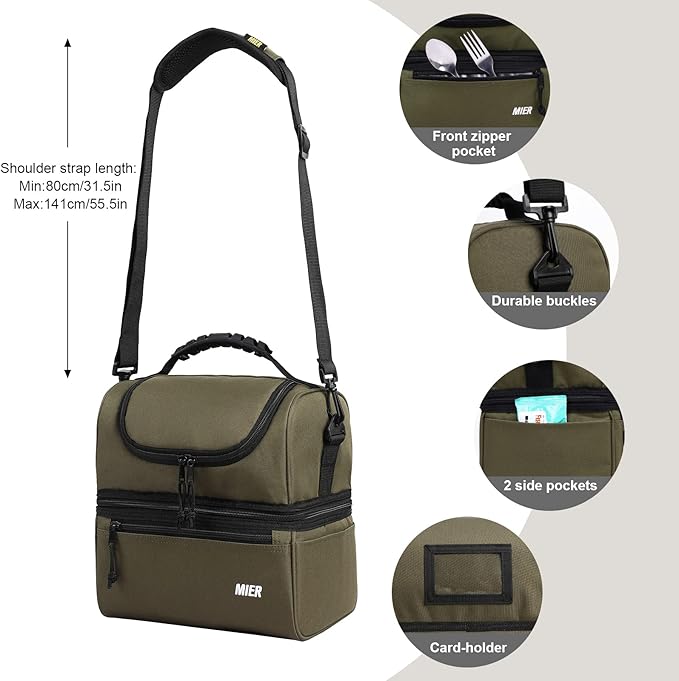 MIER Adult Lunch Box Insulated Lunch Bag Large Cooler Tote Bag for Men Women to Work Travel Daytrip, Double Deck Cooler (Army Green, Large)