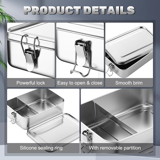 Umigy 8 Pcs Stainless Steel Food Containers Metal Bento Lunch Box Stainless Steel Food Storage Containers, Lockable Clips to Leak Proof, Reusable Dishwasher Snack Boxes for Work, Picnic (1400ml)