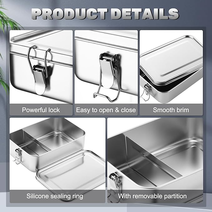Umigy 1 Pcs Stainless Steel Food Containers Metal Bento Lunch Box Stainless Steel Food Storage Containers, Lockable Clips to Leak Proof, Reusable Dishwasher Snack Boxes for Work, Picnic (1400ml)