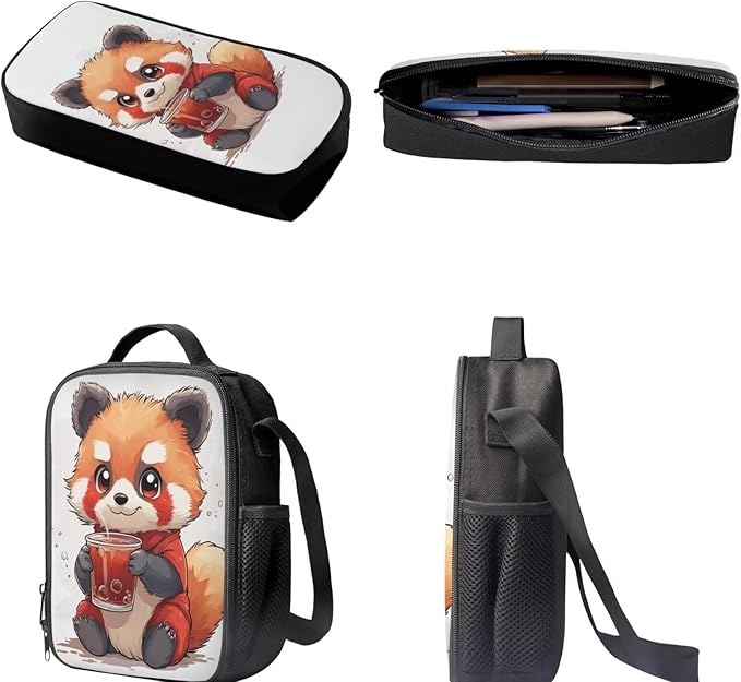 Dolyues Cute Raccoon Girls 3-Piece Backpack Set: 17 Inch School Bag, Double-Shoulder Lunch Pack & Pencil Pouch - Lightweight & Waterproof for Ages 6-12