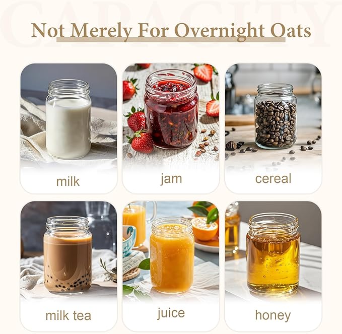 Overnight Oats Containers with Lids and Spoons - Glass Cups for Yogurt, Milk, Cereal, Pudding, Parfait, Oatmeal, Juice, Airtight Glass Canisters, 12 oz Mason Jars, Set of 6