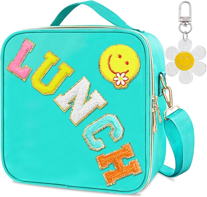 Insulated Girls Lunch Box, Preppy Lunch Box for Teen Girls, Cute Girls Lunch Bag for Kids, Large Reusable Cute Cooler Bag with Adjustable Shoulder Straps,Perfect for School Travel Picnic(Cyan)