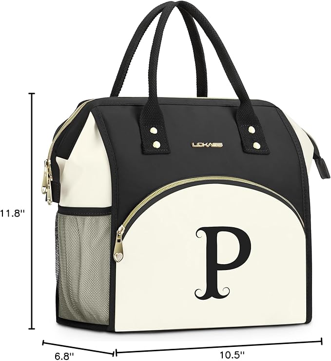 Personalized Lunch Bag for Women, Preppy Reusable Insulated Initials Lunch Box Gift for Friend Large Wide-Open Water Resistant Adult Cooler Tote Bag for Work, Travel, Picnic - Black P