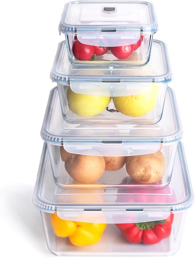 Extra Large Glass Storage Containers with Lids, Set-8-Piece Lunch Containers, Ideal for Storing Food, Vegetables, Fruits, Baking Cake & lot of other Tasty Food (Square)
