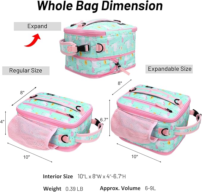MIER Expandable Lunch Bag Insulated Lunch Box for Teen Girls Women to School Work Travel Portable Lunchbox Bags with Shoulder Strap and Water Bottle Holder(Green-Unicorn)