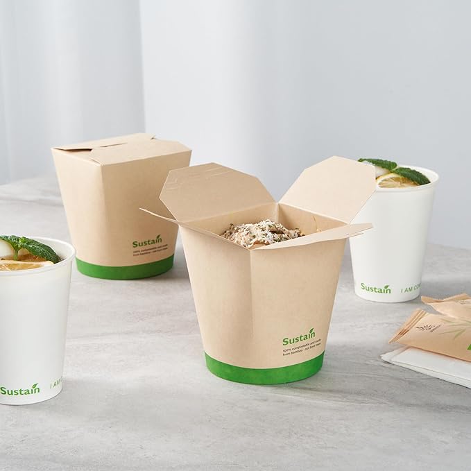 Restaurantware Sustain 32 Ounce Sturdy Paper Take Out Boxes, 200 Disposable Take Out Food Containers - With PLA lining, Compostable, Bamboo Paper Containers, Built-In Tab-Lock Cover, Greaseproof