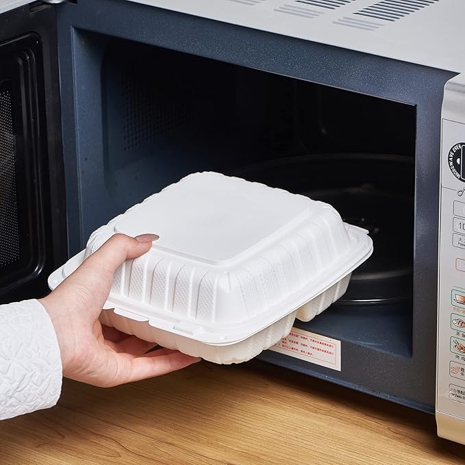 8X8 3Compartment 50Pack Plastic Clamshell Take Out Food Containers, Heavy Duty To-go Disposable Lunch Box Restaurant Meal Prep Packaging Catering Hinged Container (Formerly FULING)