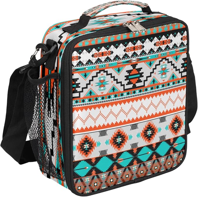 Aztec Geometric Kids Lunch Box Ethnic Insulated Lunch Bag Tote for Girls Boys, Cooler Freezable Meal Prep Bag Bento Bag with Shoulder Strap Waterproof Lunch Container for School Office Picnic