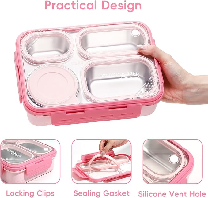 36-oz Lunch Box Containers Stainless Steel Bento Box for Adults with 4-Compartment Snack Tray, Soup Bowl with Lid & Metal Spoon, Dishwasher Safe, Easy to Carry, Pink