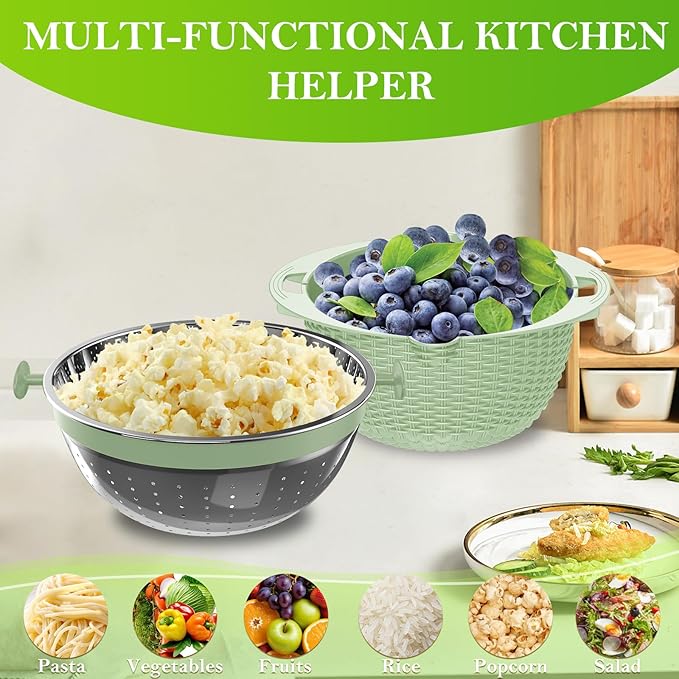 4 in 1 Colander with Bowl Set, Food Strainers and Colanders, Colander for Kitchen, Pasta Strainer, Fruit and Veggie Washer, Fruit Washing Bowl with Strainer, Kitchen Essentials Set, Green
