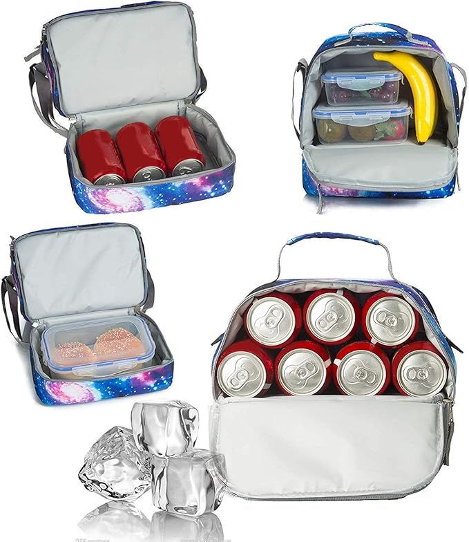 Tilami Lunch Bags Insulated Adjustable Strap Zipper, Two Compartments Cooler Bags, Bento Bags for Kids Toddlers, Galaxy