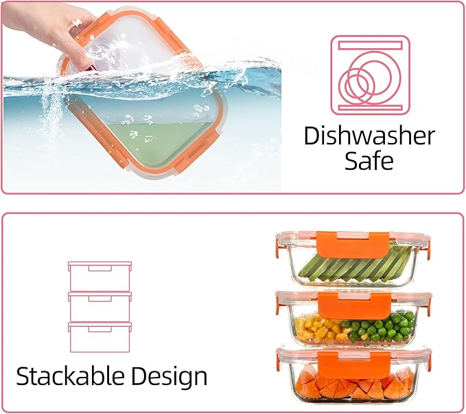 10 Pack Glass Food Storage Containers with Airtight Lids, Ideal for Meal Prep, Lunches - Microwave and Dishwasher Safe, Orange
