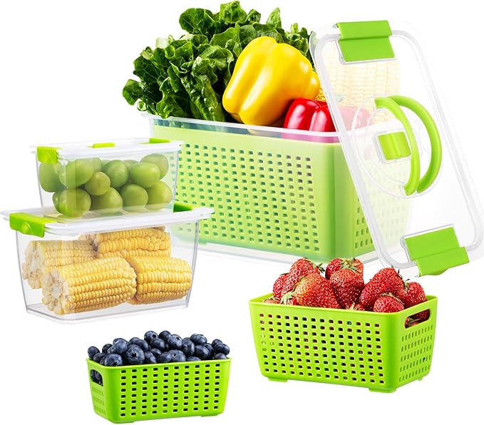 LUXEAR Produce containers for fridge,3 Set Fruit Containers with Removable Colander, BPA-Free Produce Saver Containers with Lids Dishwasher&Microwave Safe Keep Fruits, Vegetables, Berry, Fresh Longer