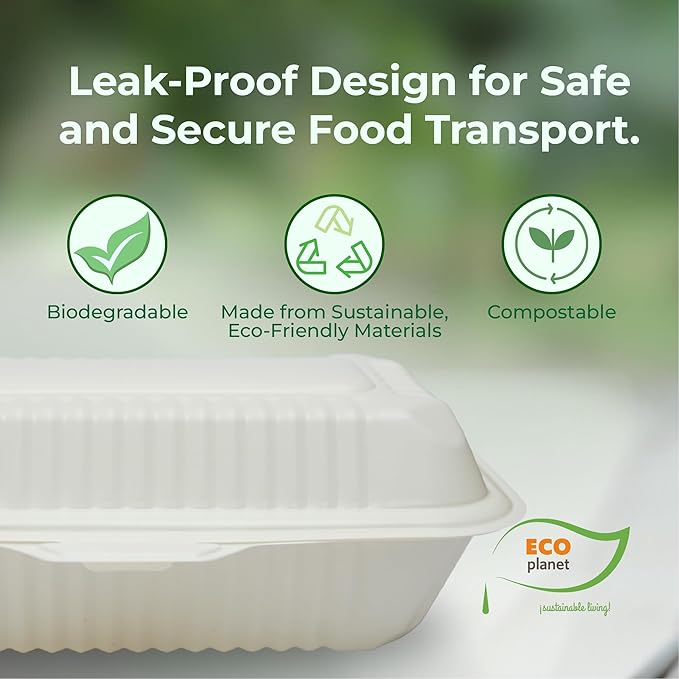 Compostable Food Containers with Lids | Durable, Biodegradable, and Eco-Friendly (50, Rectangular K1)