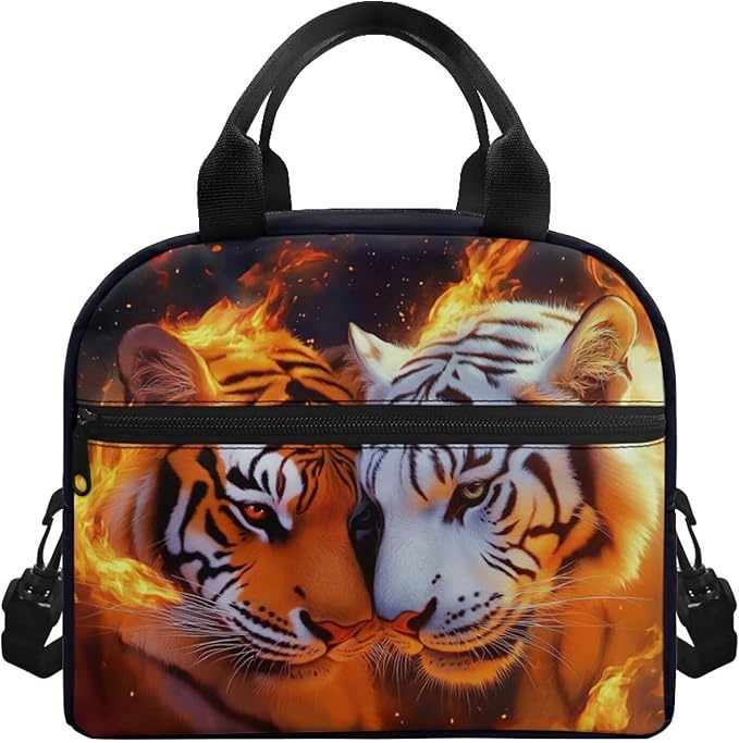 Showudesigns Fire Tiger Lunch Box for Teen Girls Middle School Kids Lunch Bag 10-12 12-14 Insulated Lunchbox Purse with Adjustable Shoulder Strap Thermal Meal Organizer Black