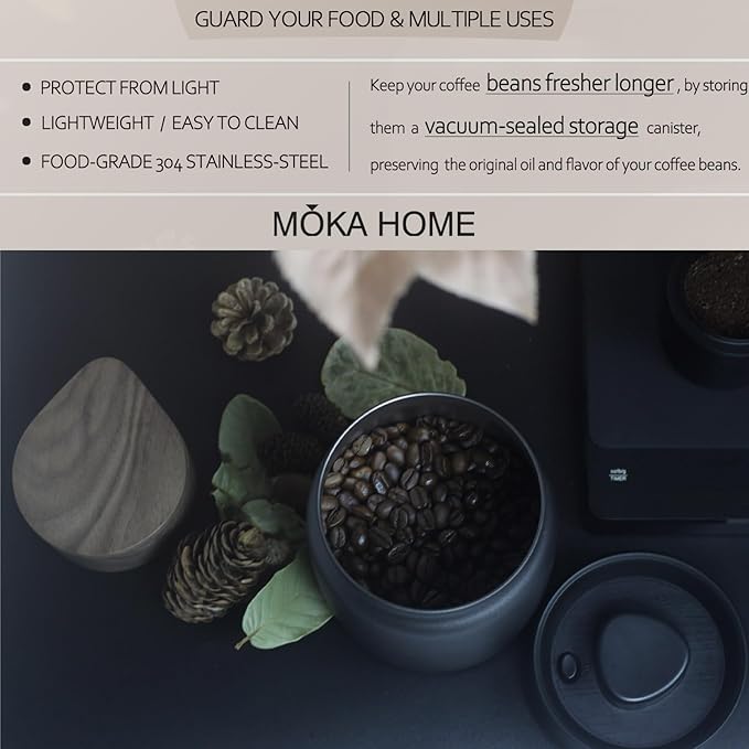 Stainless Steel Vacuum Coffee Canister | Food Storage Container | Airtight Storage Containers | Press Out Excess Air Preserve Food Freshness | 1.2L Coffee Containers Holds 11 oz of Coffee Beans