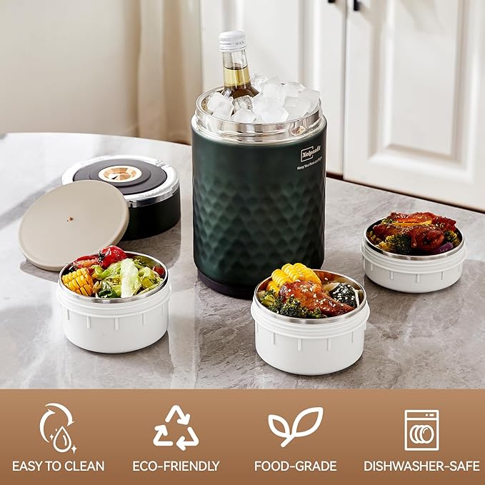 67 ozAdults Stainless Steel Vacuum Insulated Wide Mouth Soup Food Thermos Hot Food Jar with Keep Thermal Portable 3 Tier Stackable Bento Hot Food Containers Lunch Boxes (Green)