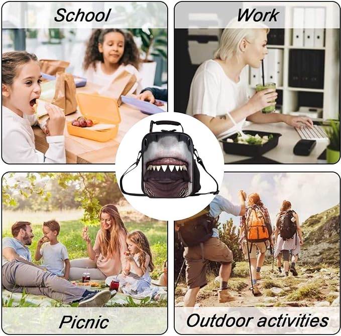 7-Mi KIds Insulated Lunch Bags For Food Children 3D Shark Lunch Tote Box Meals With Shoulder Adjustable Strap And Water Bottle Holder