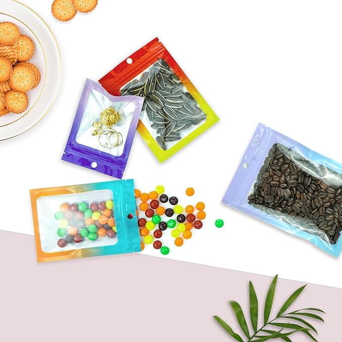100 Pieces Resealable Mylar Bags, Smell Proof Bags with Clear Window for Food Storage Party Favor Packaging Small Business (Gradient Purple, 4.1×5.9 Inch)