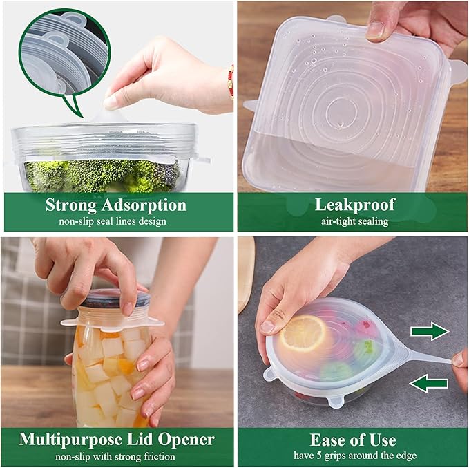 Adpartner Silicone Stretch Lids, 12 Pack of Reusable Silicone Lids for Food Storage BPA-free Silicone Covers for Bowls, 6 Different Sizes to Fit Most Food Containers, Microwave & Dishwasher Use Safe