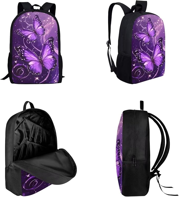 Dolyues Purple Butterflies Girls Backpack Set: 17 Inch School Backpack with Reflective Stripes, Thermal Lunch Tote & Glitter Pencil Case - Safety & Style Combined