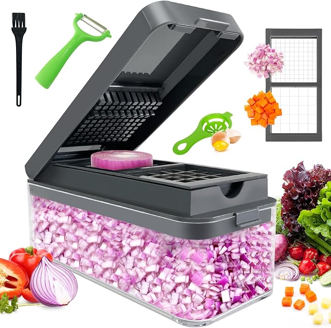 Vegetable Chopper, Onion Chopper Dicer, Mandoline Slicer with Container, Vegetable Cutter for Salad Potato Carrot Garlic(2 Blades, Grey)