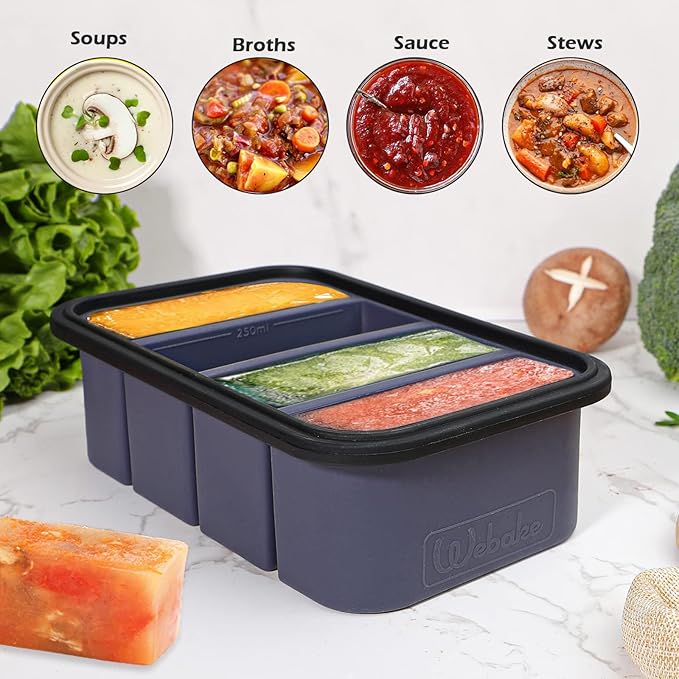 Webake Silicone Freezer Tray with Lid, Food Storage Container 1 Cup Portion, Ice Cube Tray for Soup Sauce Meal Prep, BPA Free - Grey