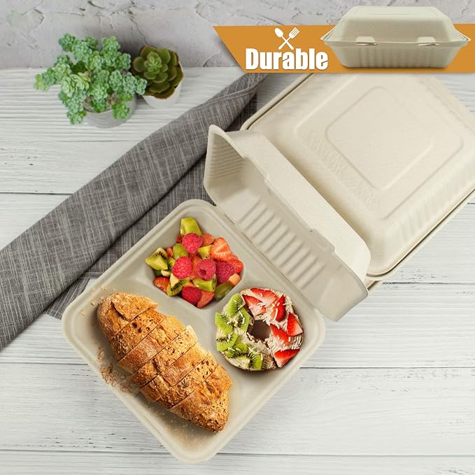 Green Earth, 9-inch, 50-Count, 3-Compartment, Compostable Clamshell, BAM Ware (Bamboo Fiber), Take-Out/to-Go Food Boxes - Biodegradable Containers, Hinged Lid Microwave-Safe Gluten-Free