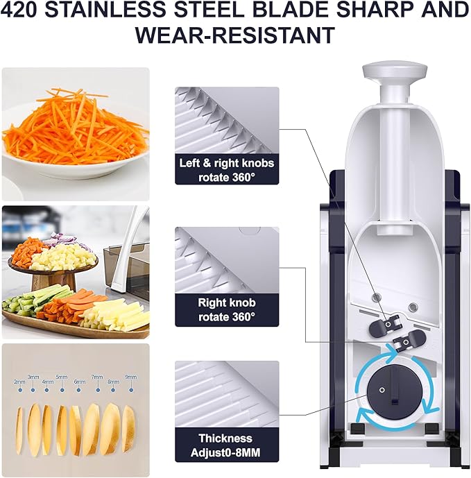 5 in 1 Safe Mandoline Slicer for Kitchen, Safe Vegetable Chopper with Paring Knife, Adjustable Thickness, Easy to Clean, Vegetable Slicer, Slicing, Strips, Shredding, Dicing, Chop (DarkBlue)