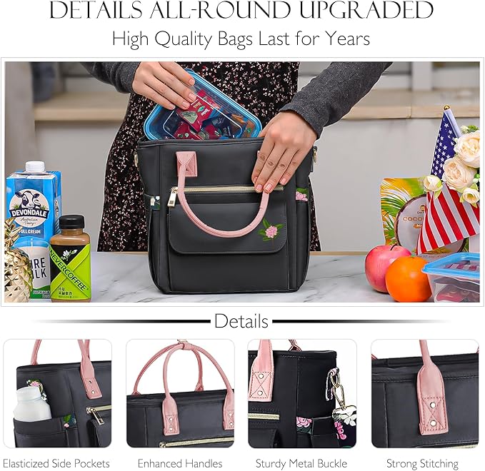 Deluxe Large Insulated Lunch Bag Box Women - Leakproof Waterproof Cooler with Multi Pockets Removable Strap for Work Picnic - Teacher Mothers Day Christmas Birthday Gifts