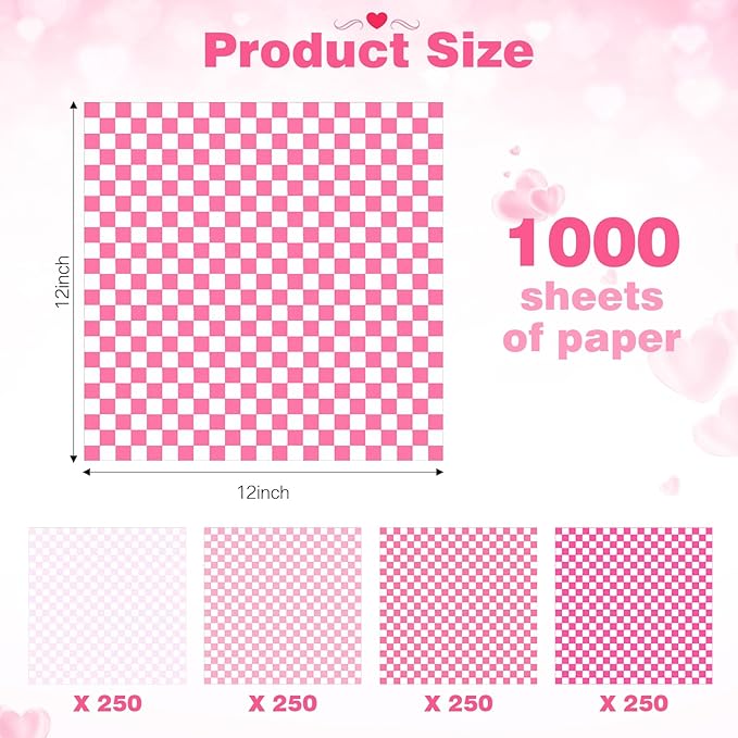 1000 Sheets Wax Deli Paper Sheets for Food 12 x 12 Inch Checkered Dry Waxed Deli Basket Liners for Sandwich Wrapping, Food Basket Liners, Picnic party(Pink-white)