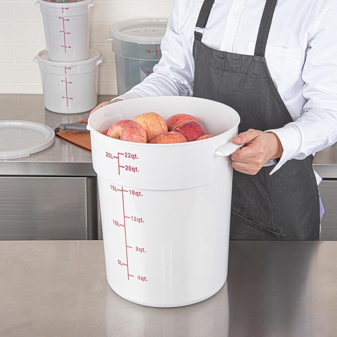 Restaurantware-Met Lux 22 Quart Food Storage Containers, 10 White Storage Containers - Lids Sold Separately, Red Volume Markers, Dishwashable Containers, Side Handles, For Storing Foods
