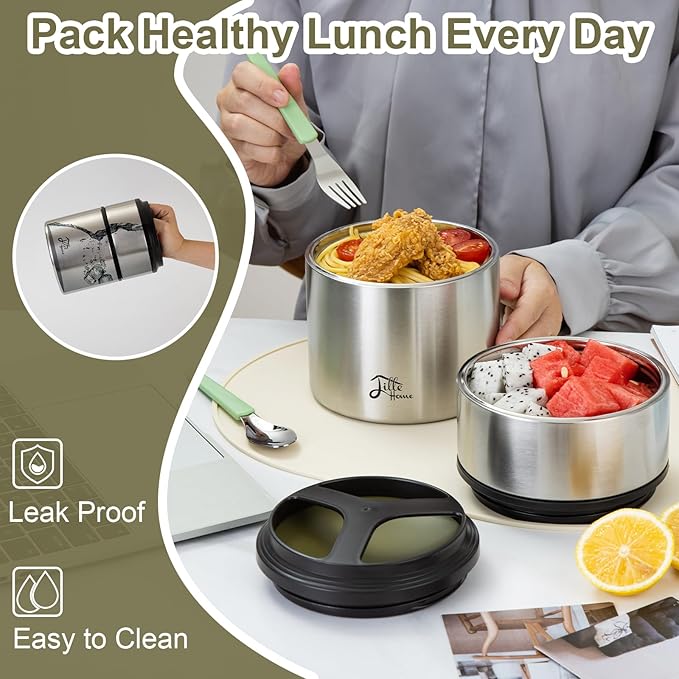 Lille Home 1500ml Thermos Food Flask, Vacuum Insulated Stackable Stainless Steel Thermal Lunch/Snack Box, 2-Tier Bento/Food Container with Lunch Bag