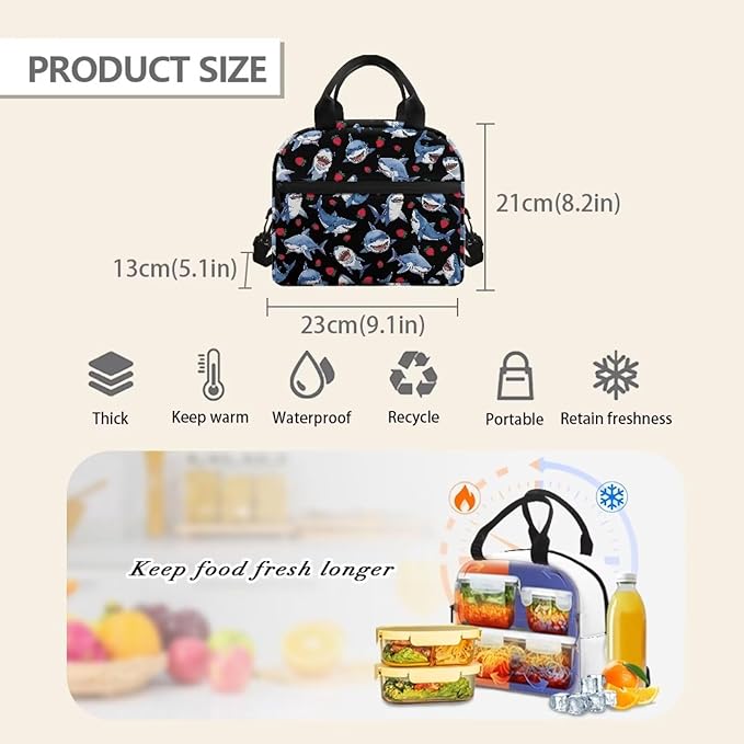 Showudesigns Strawberry Shark Lunch Bag for Women Lunch Box Containers Reusable Lunch Tote Bags for Girls Kids Food Cooler Bag With Front Zipper Pockets Thermal Meal Tote Kit Blue