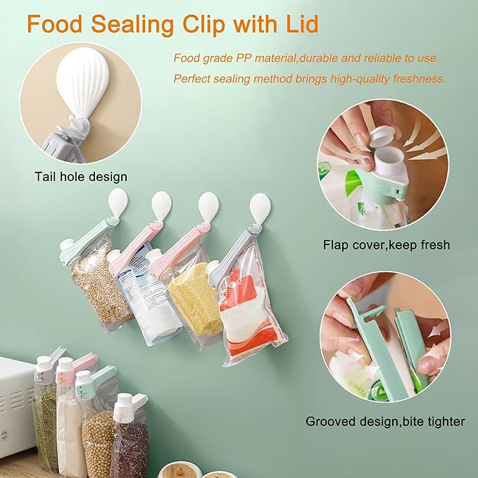 4pcs Bag Spout Clip,for Food,Snack Sealing Clips with Pour Spouts,Kitchen Chip Bag with Adhesive Hooks, for Cereal Kitchen Food Storage Organizer Kit-4 Color