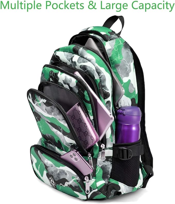 BLUEFAIRY Boys Backpack Set with Lunch Bag for Kids Elementary Middle School BookBags for Teens Child Back to School Gifts Large Campartments Lots of Pockets Camo Green