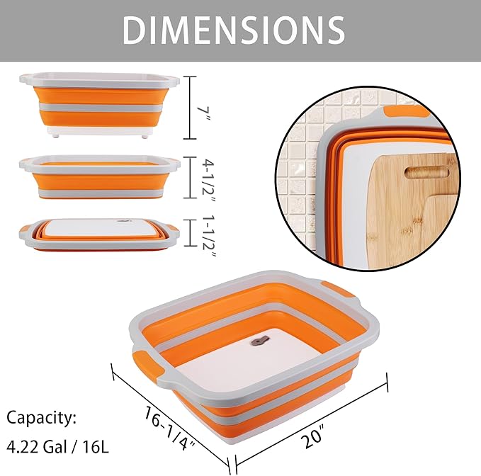 Large Collapsible Cutting Board(4.22 Gal/16L), Foldable Camping Sink with Colander, BBQ Prep Tub with Lid, Multifunction Dish Basin for Kitchen, Bowl, Vegetable and Fruit, Storage Basket for Picnic