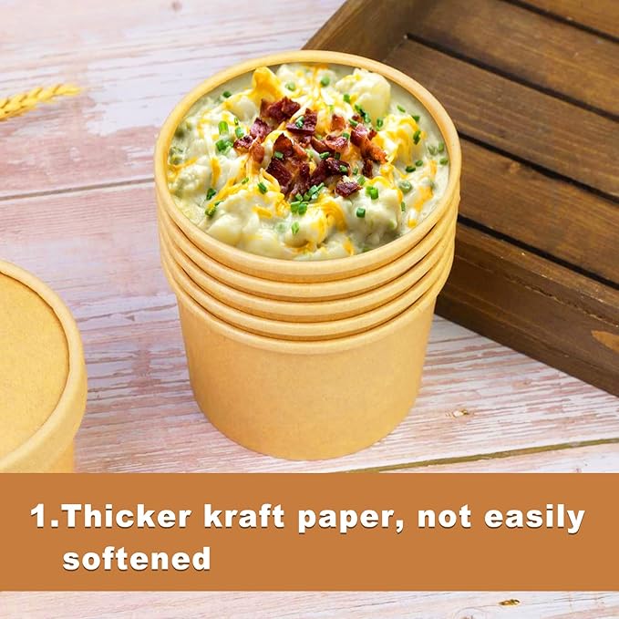 12 oz 75 Pack Paper Soup Containers with lids, Disposable Kraft Food Cups, Soup Cups Paper Ice Cream Cup, Dessert Cup, Yogurt Ice Cream Containers. Great For Restaurants, Take Outs, or To-Go Lunch