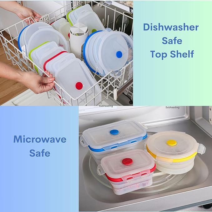 Collapsible Silicone Food Storage Containers, BPA Free, Microwave, Freezer and Dishwasher Safe, Lunch, Meal Prep, Travel, Space-Saving