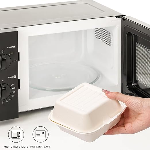 Peohud 100 Pack Compostable Clamshell Take Out Food Containers, 6 x 6 Inches Disposable To-Go Food Containers, Bagasse Bento Cake Box for Hamburger Sandwiches Chips