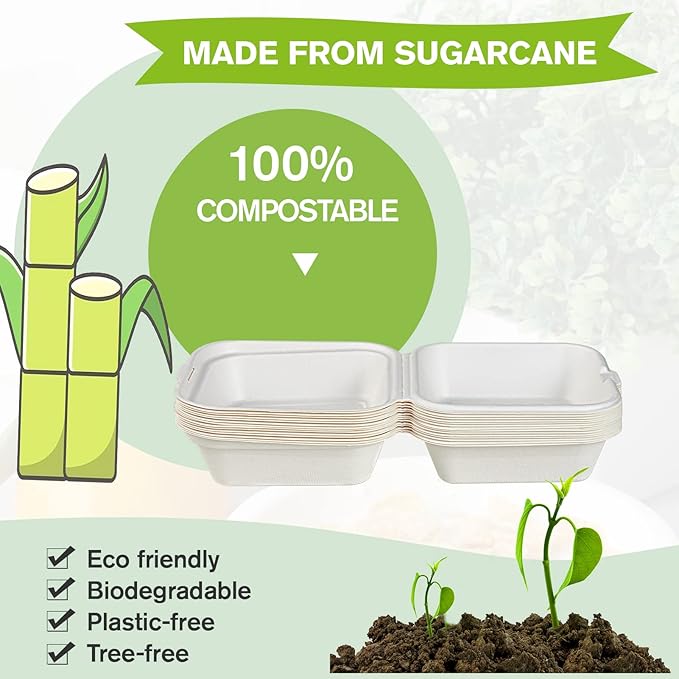 ECOLipak 200 Pack Clamshell Take Out Food Containers, 100% Compostable Disposable To Go Containers,6 * 6 inch To Go Boxes for Salad, Cake,Sandwiches