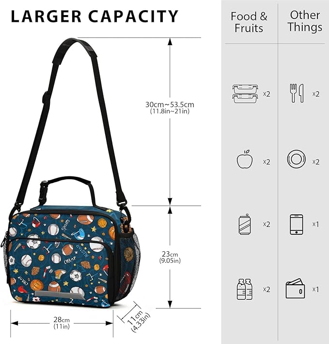 Pfrewn Lunch Bag for Women Men Baseball Football Ball Pattern Insulated Lunch Box Tote Large Cooler Bag for Office Picnic 11x4.3x9inch